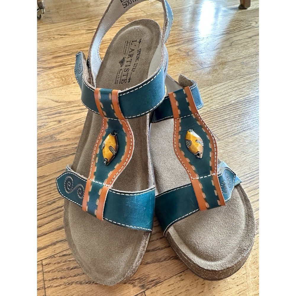 L'Artiste Spring Step Sandals Women 8.5 Leather EU 39 Wedge Green Comfort Casual